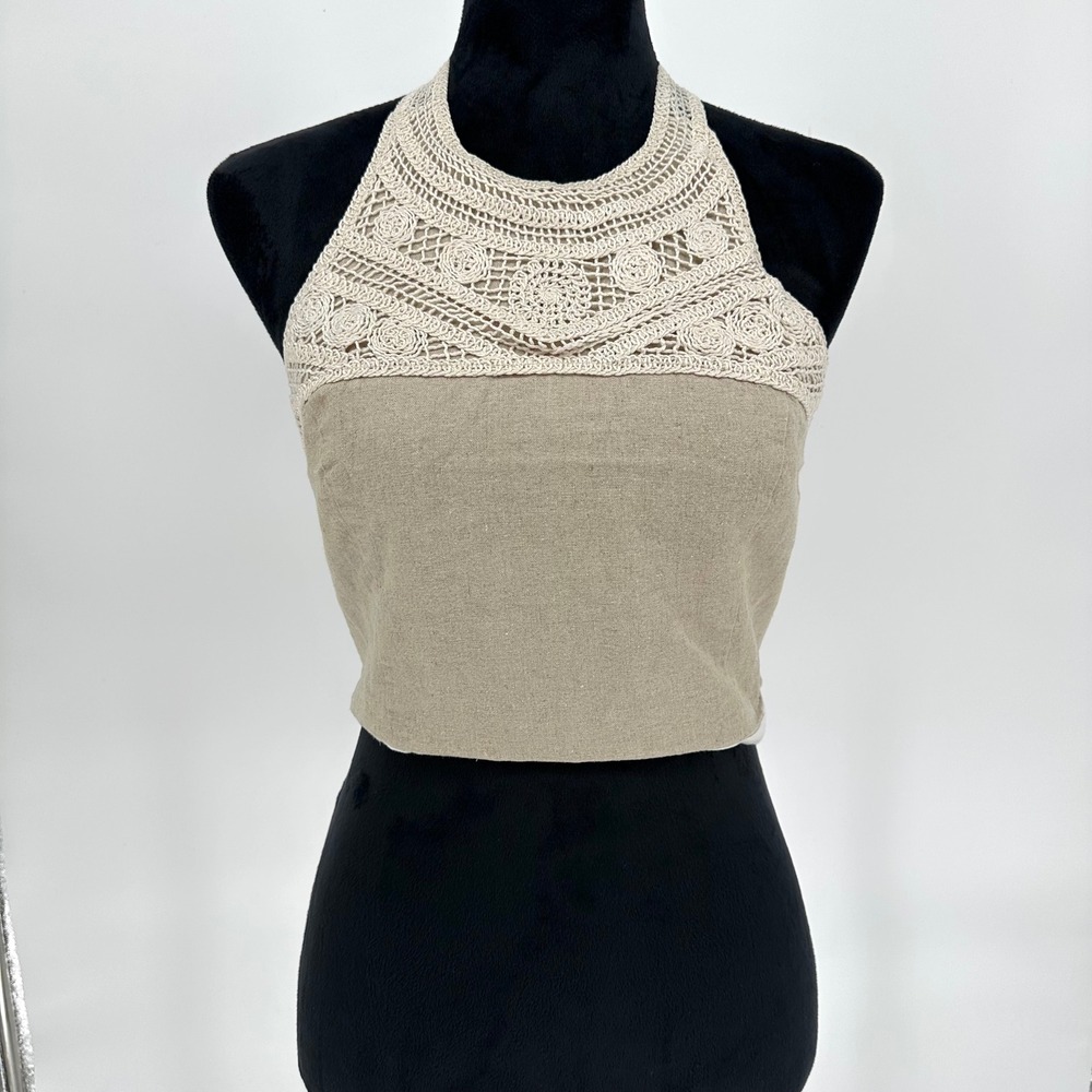 Chelsea & Violet Halter‎ Crochet Beige Linen Blend Cropped Tank Bow Tie Back M